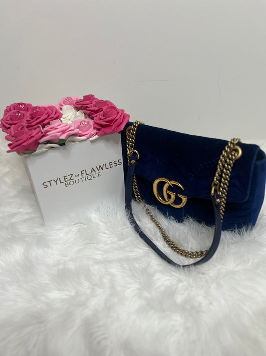 Velvet Matelasse Large GG Marmont Shoulder Bag Cobalt Blue